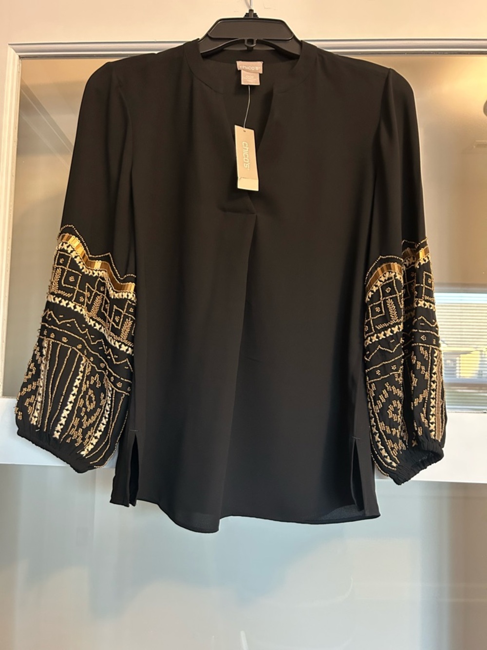 Chico's Black Blouse with Gold Embroidered Statement Sleeves